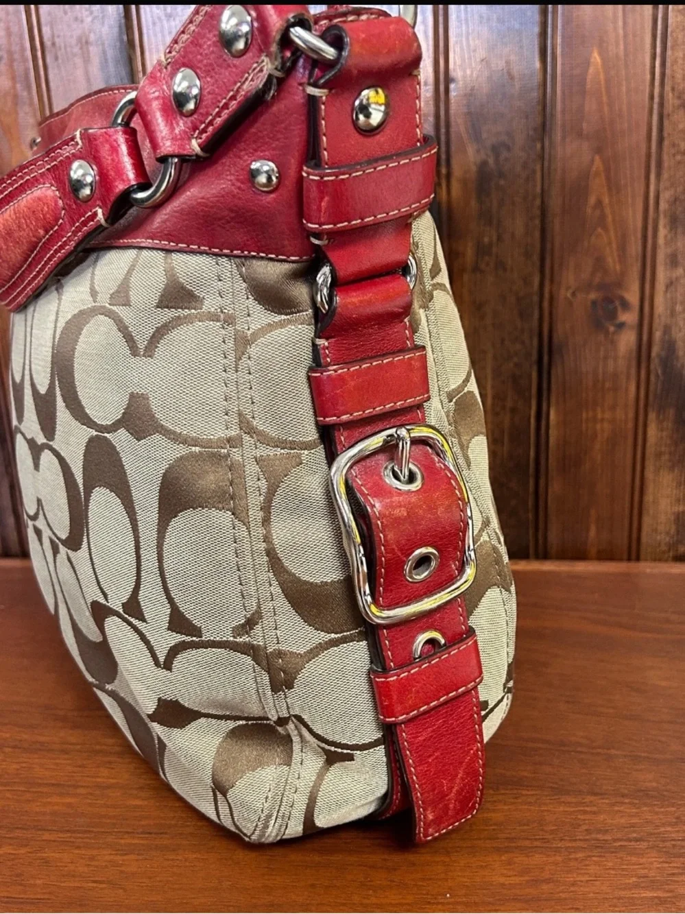 Coach Signature Canvas Hobo with Red Leather Trim